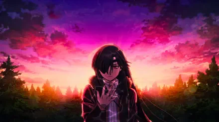 5K Ultra HD PC desktop wallpaper and background: Asa from Daemons of the Shadow Realm stands against a vibrant anime sunset, silhouetted forest and glowing clouds.