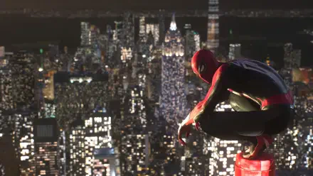 Spider-Man (PS4) perched on a rooftop, overlooking a sparkling nighttime New York skyline — 4K Ultra HD PC desktop wallpaper/background from the video game.