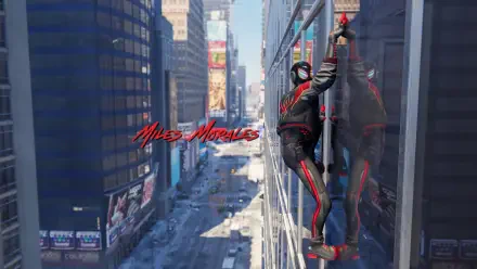 Miles Morales from Spider-Man (PS4) video game clings to a glass skyscraper above snowy city streets — 4K Ultra HD PC desktop wallpaper.