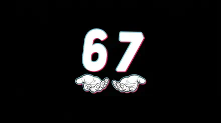 2K Quad HD PC wallpaper: meme-style white 67 with red/cyan glitch outline on a black background, two cartoon palms-up hands beneath.