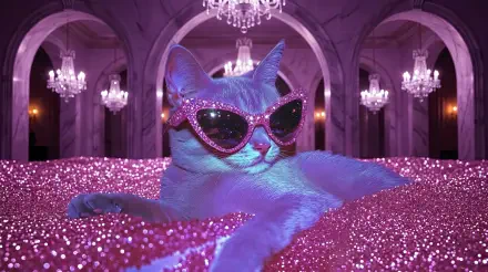 HD PC desktop wallpaper/background: pink glitter pool in a chandeliered ballroom with a lounging cat wearing sparkly Y2K sunglasses — funny, Y2K aesthetic.