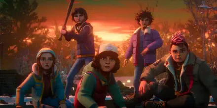 2K Quad HD PC desktop wallpaper/background for the TV show Stranger Things: Tales from '85 — five animated kids in retro coats poised in an orange twilight forest.