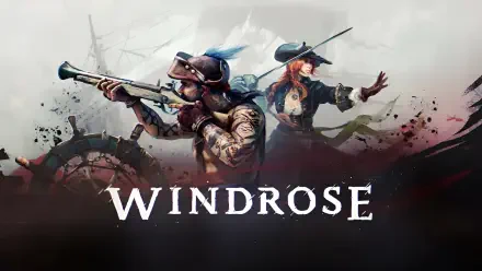 HD PC wallpaper for the video game Windrose: two back-to-back adventurers—an armored rifleman and a hat-wearing duelist—against a stormy, painterly sky with the Windrose logo.