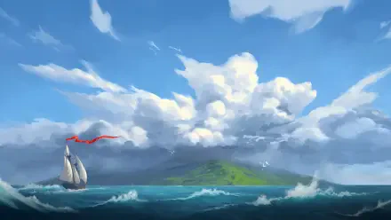 Windrose video game landscape painting: 2K Quad HD PC desktop background showing a lone sailboat with a red banner cutting teal waves toward a lush green island beneath towering cumulus clouds.