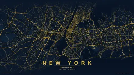 Stylized 2K Quad HD desktop wallpaper: neon yellow and blue street map of New York City, United States, with bold NEW YORK label.