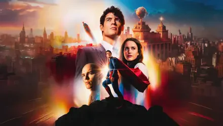 5K Ultra HD PC desktop wallpaper: cinematic Superman (2025) poster—hero stands on a rooftop with cape, two supporting figures and a glowing city skyline at sunrise.