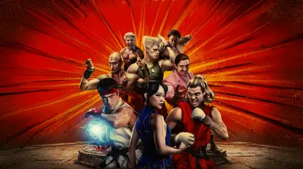 Street Fighter (2026) 2K Quad HD PC desktop wallpaper: fighters assemble against a radial red burst, lead characters posed and ready for battle.