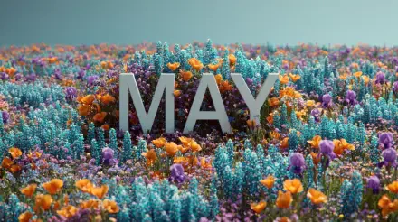 2K Quad HD PC desktop wallpaper: bold MAY letters rising from a vibrant wildflower field — turquoise foliage with orange and purple blooms, a cheerful hello may spring motif.
