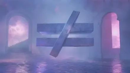 4K Ultra HD PC desktop wallpaper: a glowing not-equal sign floating over reflective water between misty archways in purple-pink haze — visual metaphor of inequality.