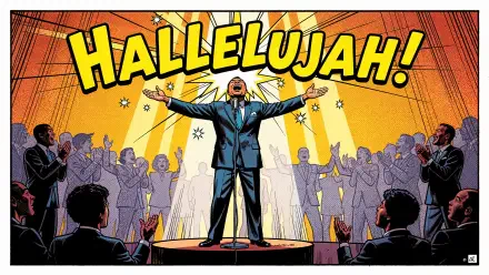 4K Ultra HD PC desktop wallpaper: comic-style heroic singer on a lit stage, choir and crowd applauding beneath giant HALLELUJAH! letters and radiant golden spotlights.