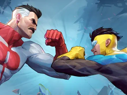 2K Quad HD PC wallpaper: video game-style face-off between Omni-Man and Mark Grayson (Invincible), fists colliding against a stormy blue sky.