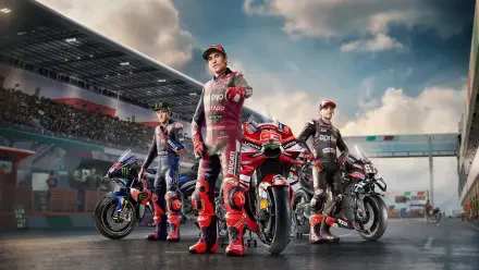 4K Ultra HD PC desktop wallpaper of MotoGP 26: three motorcycle racers in full leathers beside their bikes on the starting grid at a packed circuit, high-detail motorcycle racing scene.