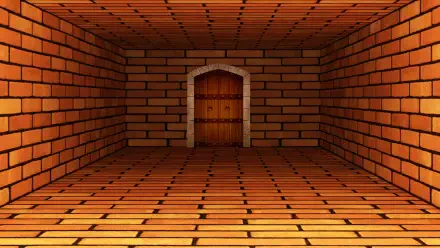 HD PC desktop wallpaper Tomodachi Life: Living the Dream — perspective of an orange brick room and tiled floor leading to a wooden arched door.
