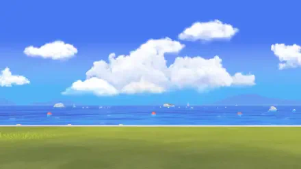 Tomodachi Life: Living the Dream HD PC desktop wallpaper — bright seaside vista with grassy foreground, calm blue ocean and fluffy clouds against a vivid sky.