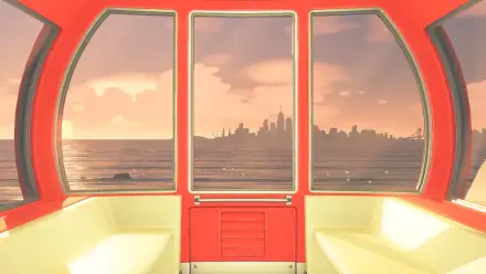 Tomodachi Life, Tomodachi Life: Living the Dream HD PC desktop wallpaper/background — warm sunset city skyline across the sea viewed from a cozy red cabin interior with cushioned benches.