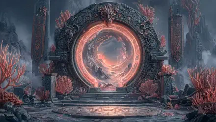 Fantasy portal glowing with swirling light inside an ancient stone arch, coral-like flora and ruined pillars in a moody landscape — 4K Ultra HD PC desktop wallpaper and background.