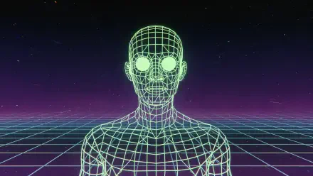 Soulless wireframe humanoid with glowing eyes against a retro grid and neon horizon — 4K Ultra HD PC desktop wallpaper.