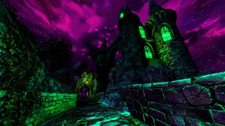 ps2core/dreamcore haunted medieval castle with glowing green windows, cobbled liminal walkway under a magenta night sky — 5K Ultra HD PC desktop wallpaper and background.