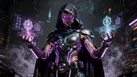 Technomancer in hooded armor conjures purple holographic runes and neon circuitry glow — 4K Ultra HD PC desktop wallpaper and background.
