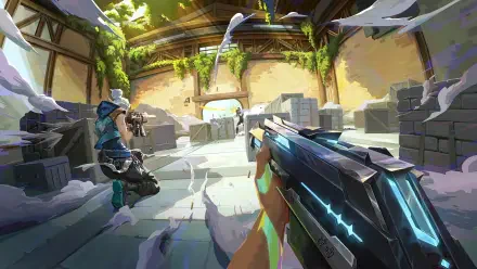 Valorant HD PC wallpaper: Jett and Chamber clash in a sunlit courtyard—first-person view of a glowing rifle while Jett kneels, ready to fire.