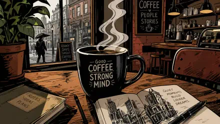 Cozy coffee scene: steaming mug reading Good Coffee Strong Mind on a wooden table with open sketchbook, café interior and street view — 4K Ultra HD PC desktop wallpaper and background.
