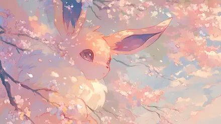 Eevee (Pokémon) in anime style among sakura blossoms, dreamy pastel 2K Quad HD PC desktop wallpaper background.