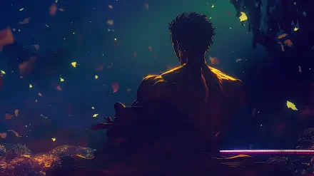 Dark One Piece anime 2K Quad HD PC desktop wallpaper: backlit, muscular silhouetted figure seated amid glowing embers and moody teal shadows, cinematic night scene.