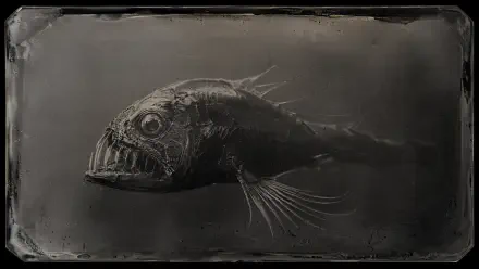 4K Ultra HD PC desktop wallpaper of a menacing deep-sea creature: dark, elongated fish with razor teeth, translucent fins and a single glassy eye drifting through black ocean depths.