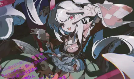 HD PC desktop wallpaper of Sparxie from the video game Honkai: Star Rail — winking and flashing a peace sign amid swirling ribbons and neon accents in a dynamic, colorful composition.
