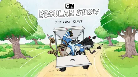Cartoon from Cartoon Network's Regular Show: The Lost Tapes HD PC desktop wallpaper background — Mordecai and Rigby in a golf cart speeding down a tree-lined road.