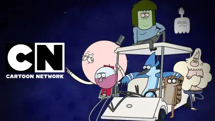 HD PC desktop wallpaper of Regular Show: The Lost Tapes (Cartoon Network) — Mordecai, Rigby and friends riding a golf cart against a starry navy background.