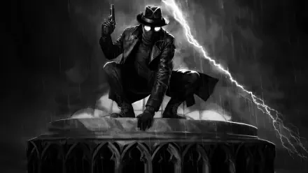 Spider-Man Noir (TV Show, 2026) — spy-styled Spider-Man in trenchcoat and fedora crouches on a gothic rooftop under lightning. 5K Ultra HD PC desktop wallpaper.