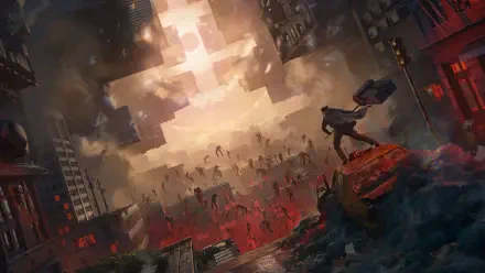 Control Resonant game art: post-apocalyptic city with levitating debris and floating figures, lone figure on rubble. 4K Ultra HD PC desktop wallpaper/background.