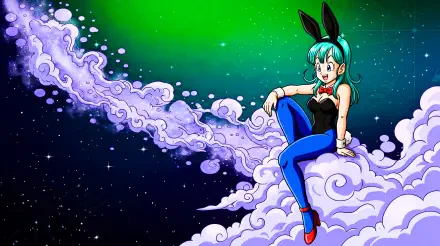 Bulma from Dragon Ball in a bunny costume perched on swirling clouds beneath a green starry sky — vibrant 5K Ultra HD PC desktop wallpaper