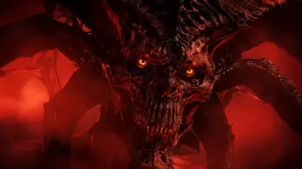 Close-up of the Lord of Hatred demon from Diablo IV video game: horned skeletal face with glowing eyes amid red flames — Blizzard Entertainment 5K Ultra HD PC desktop wallpaper.