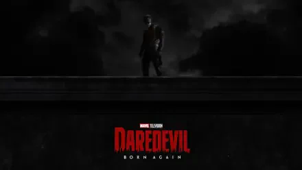 Daredevil: Born Again — 4K Ultra HD PC desktop wallpaper showing a lone Daredevil silhouette on a rooftop under stormy clouds, red DAREDEVIL logo centered at the bottom.