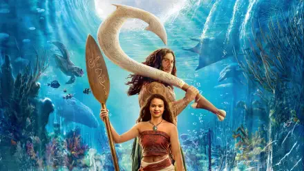 Moana (Live Action) 4K Ultra HD PC wallpaper — live-action Moana stands with a paddle before a swirling ocean vortex, manta rays overhead and vibrant coral reef below.
