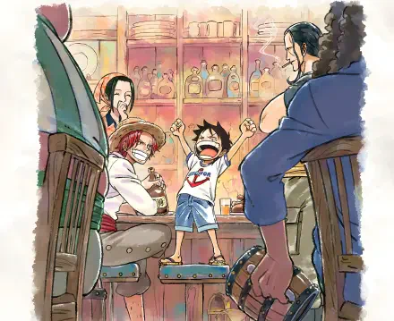 4K Ultra HD PC desktop wallpaper — Anime The One Piece (One Piece): young Monkey D. Luffy joyfully raises his arms between Shanks and crew inside a warm, lively bar scene.