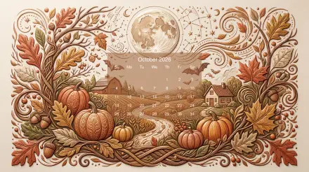 Ornate autumn 5K Ultra HD PC desktop wallpaper: pumpkins, oak leaves and swirling vines framing a farmhouse under a moonlit sky, with a transparent October 2026 calendar overlay.