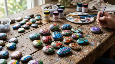 5K Ultra HD PC desktop wallpaper: vibrant rock painting scene—hand-painted stones with flowers, butterflies and words on a rustic table as an artist paints one.
