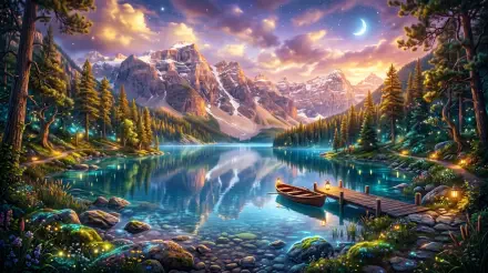 5K Ultra HD PC desktop wallpaper and background: moonlit mountain lake with snow‑capped peaks, pine forest, wooden dock and canoe mirrored in glassy water beneath a starry, colorful twilight sky.