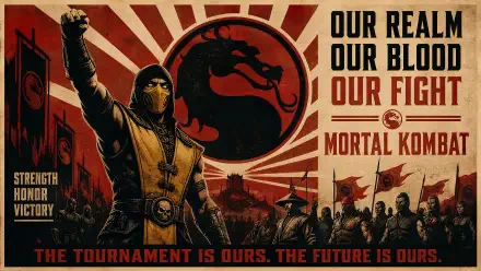 Mortal Kombat 4K Ultra HD PC desktop wallpaper: propaganda-style poster with Scorpion raising a fist before the dragon emblem, marching fighters and bold warlike slogans.