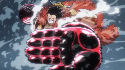 HD anime PC desktop wallpaper of One Piece's Monkey D. Luffy in Gear Fourth, lunging forward with a massive glowing black-and-red fist amid swirling smoke and energy.