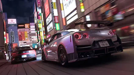 Forza Horizon 6 video game 4K Ultra HD PC desktop wallpaper showing two sports cars racing through neon-lit city streets at night.