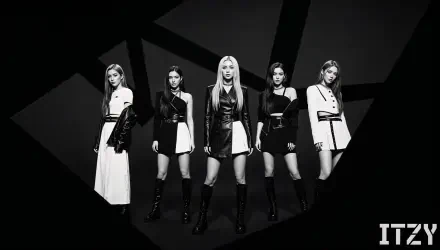 4K Ultra HD PC desktop wallpaper: five women in bold monochrome outfits pose against a geometric dark backdrop, high-contrast black-and-white pop concept.