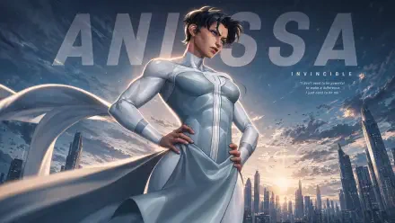4K Ultra HD PC desktop wallpaper/background: Anissa (Invincible) in a white suit and flowing cape, hands on hips, standing over a sunrise-lit futuristic skyline.