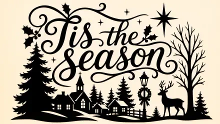 Silhouette winter village with 'Tis the season' script, pines, lamppost with wreath and a deer beneath a starry sky — 4K Ultra HD PC desktop wallpaper/background.