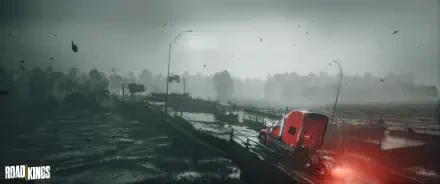 Road Kings video game 2K Quad HD PC desktop wallpaper/background: red semi truck on a rain‑slick highway bridge at dusk, moody fog and a distant city skyline.