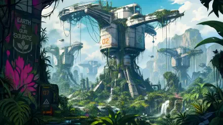 Sci‑Fi 4K Ultra HD PC desktop wallpaper: overgrown futuristic towers marked 02 rise from a lush jungle, connected by skybridges with hanging vines, waterfalls, and sunlit mist.