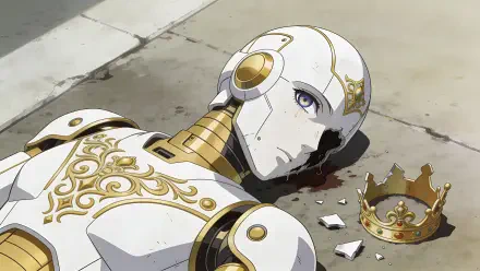 Sci‑Fi scene of a broken white-and-gold humanoid robot lying on cracked pavement beside a shattered crown — 4K Ultra HD PC desktop wallpaper/background.